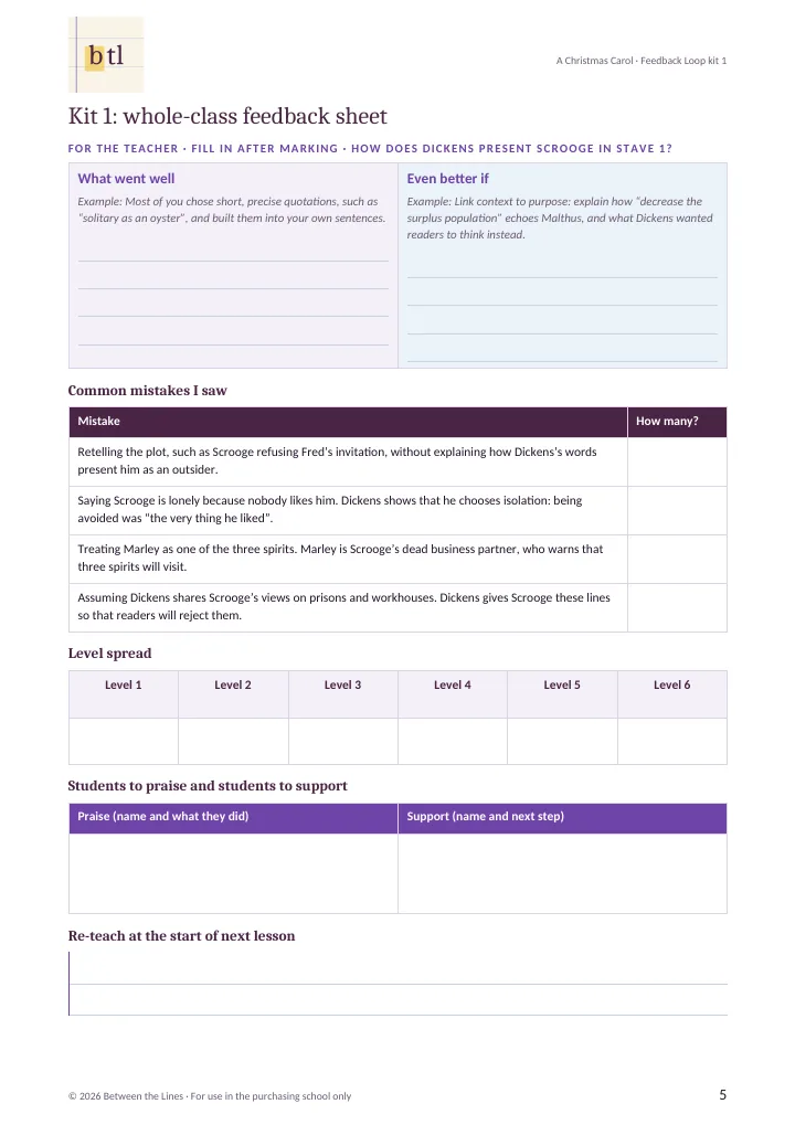 The whole-class feedback sheet from Feedback Loop kit 1