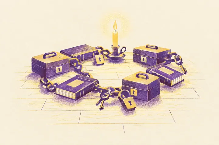 Illustration of a heavy chain made of cash-boxes, keys, padlocks and ledgers lying in a coil on a bare wooden floor, lit by a single candle