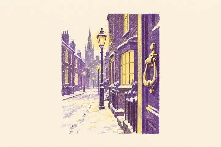 Illustration of a narrow Victorian London street on a snowy night: gas lamps, brick houses, one glowing counting-house window