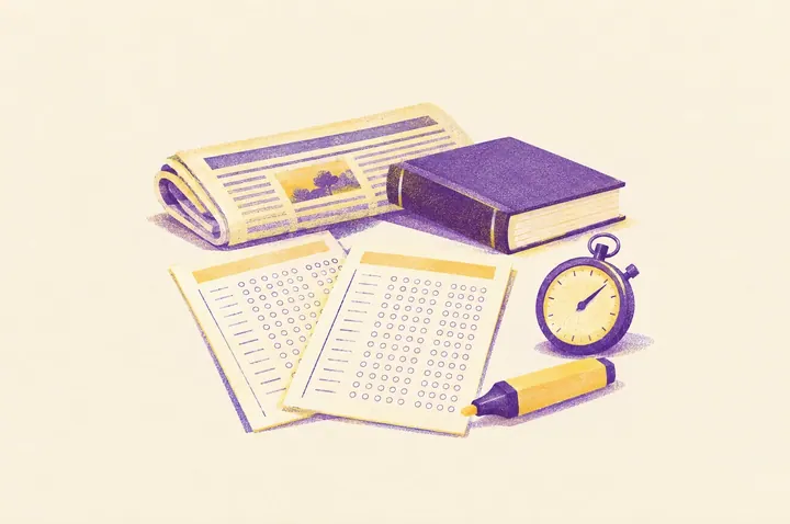 Illustration of two exam answer booklets fanned out beside a stopwatch and a highlighter, with a folded newspaper and a novel stacked behind them