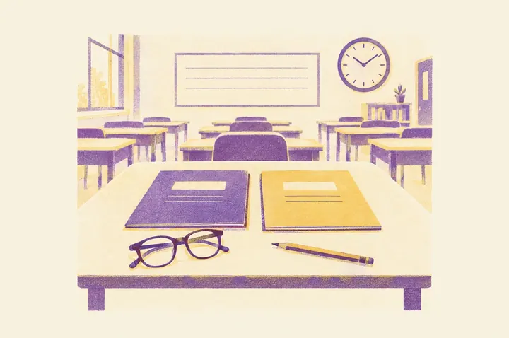 Illustration of two closed exam booklets side by side on a desk with a pair of glasses and a pencil, rows of exam desks fading into the background