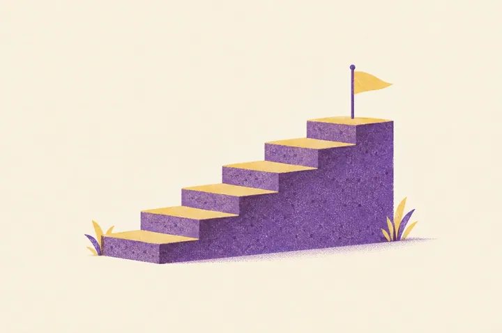 Illustration of a staircase of six wide stone steps rising from left to right, seen side-on, with a small flag on the top step