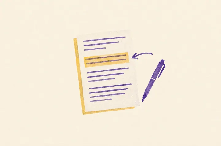 Illustration of an exam paper of plain lines with one section highlighted in yellow and a violet pen drawing an arrow beside it