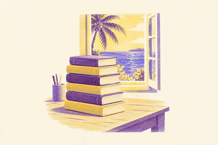 Illustration of a stack of old history books on a desk by an open window, with a palm tree and a bright sea outside