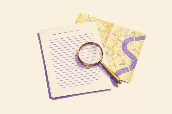 Illustration of an essay page on a desk with an old folded street map partly tucked underneath it
