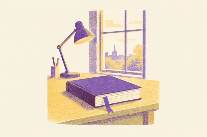 Illustration of a thick bound report with a ribbon bookmark resting on a desk beside a tall window and a reading lamp