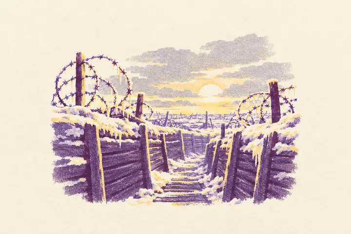 Illustration of a frozen First World War trench at dawn, with icicles hanging from coils of barbed wire