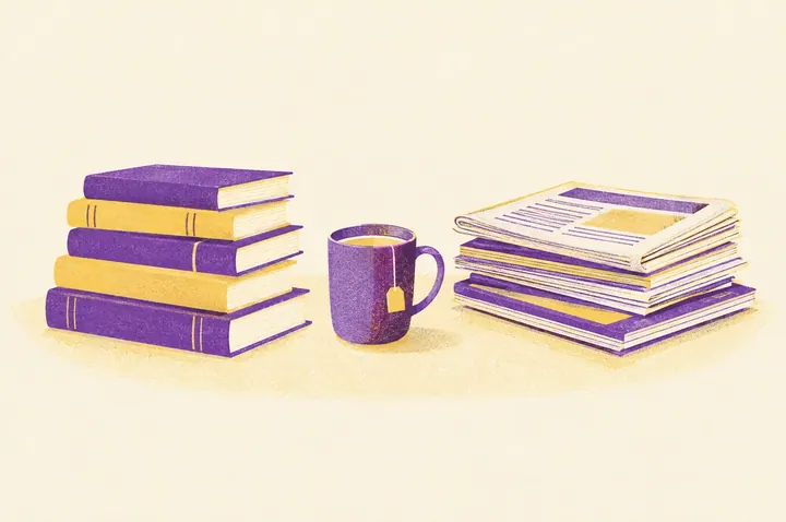 Illustration of two stacks of books on a kitchen table, one of novels and plays and one of newspapers and magazines, with a mug of tea between them
