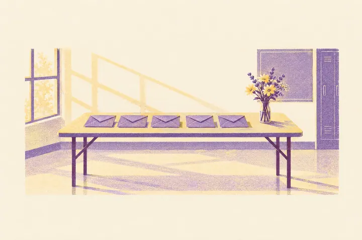 Illustration of a row of sealed envelopes lined up on a school hall table in morning light, with a small vase of flowers at the end