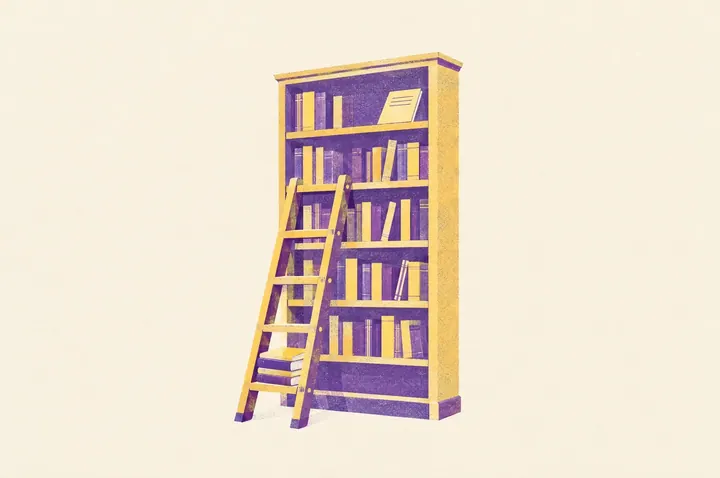 Illustration of a short wooden library ladder leaning against a tall bookcase, a small pile of books on the bottom rung and a single exam booklet on the top shelf