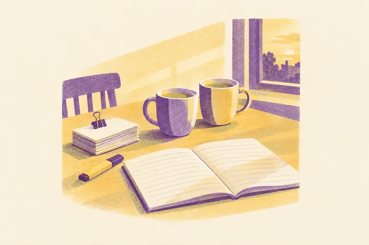Illustration of two mugs of tea on a kitchen table beside a bundle of flashcards held with a clip, a highlighter and an open exercise book