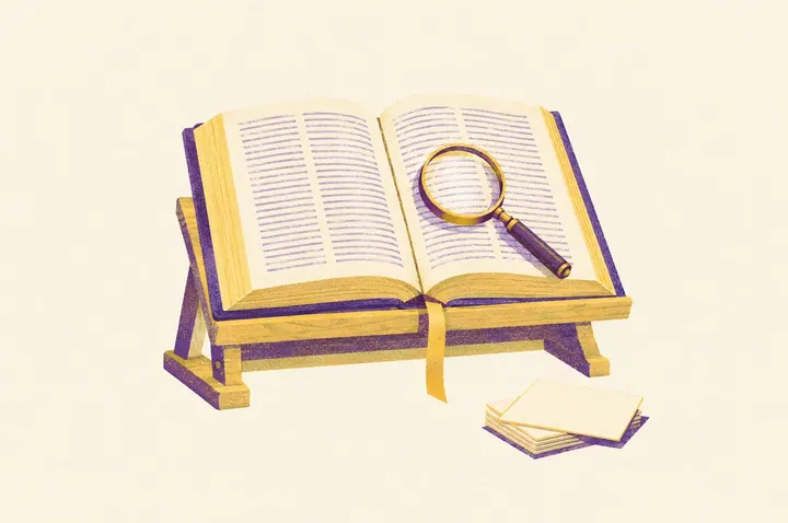 Illustration of a large open dictionary on a wooden reading stand with a brass magnifying glass resting on the page, a ribbon bookmark hanging down