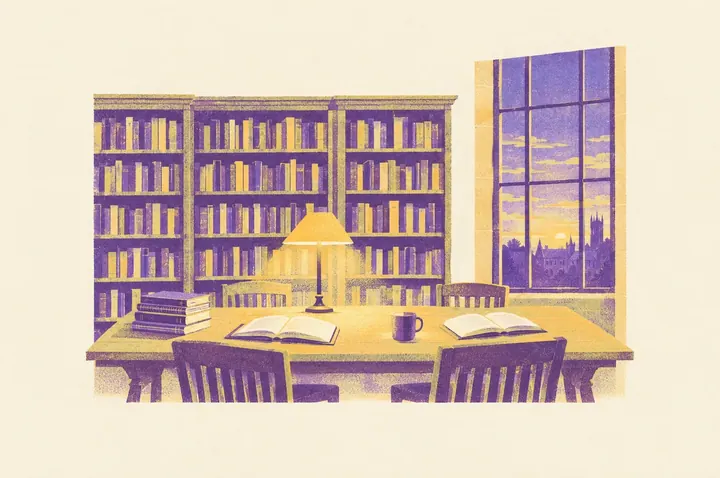 Illustration of a wide reading room: a long wooden library table in front of tall bookcases, open books, a reading lamp casting a soft yellow glow