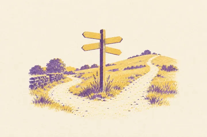 Illustration of a country footpath reaching a fork at a wooden signpost with four blank arms, one path continuing ahead over a hill