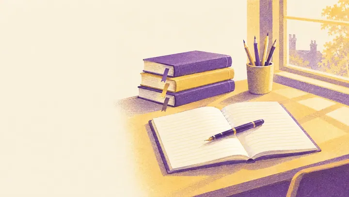 Illustration of a desk by a window in late afternoon light: an open exercise book with a fountain pen, three books with ribbon bookmarks and a pot of pencils