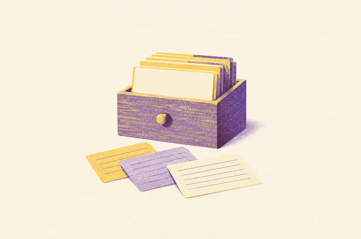 Illustration of a small wooden card-index box with a row of index cards standing up in it and three cards pulled out and laid in front of it