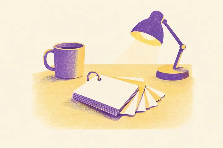 Illustration of a bundle of blank revision flashcards on a metal binder ring lying on a desk, a few cards fanned out, with a mug and a desk lamp