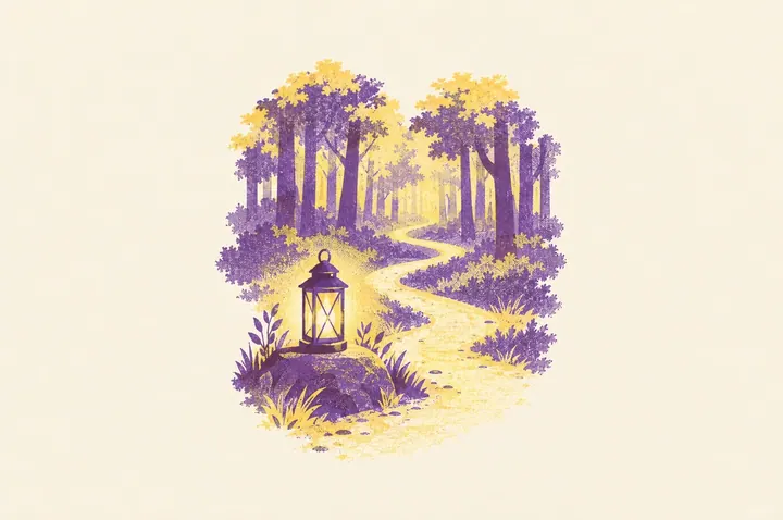 Illustration of a single lantern glowing at the start of a winding path that leads into a wood, the path clear ahead