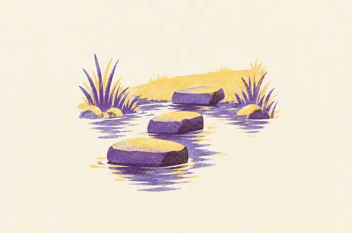 Illustration of three flat stepping stones crossing a narrow stream, each a little higher than the last, leading to the far bank
