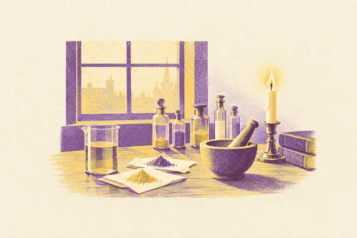 Illustration of a Victorian chemist’s table by a window, with a beaker, heaps of powder on folded papers, a mortar and pestle, glass phials and a candle