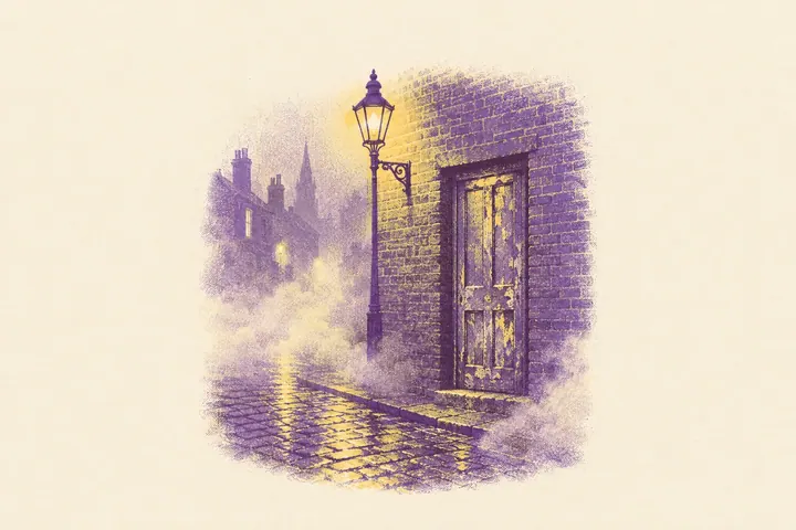 Illustration of a foggy Victorian London back street at night, with a blistered old door in a brick wall beside a glowing gas lamp