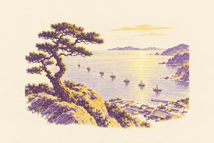 Illustration of a calm sea seen from a headland with a pine tree, a line of small wooden fishing boats and a fishing village below
