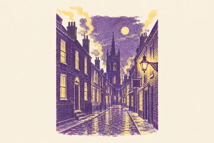 Illustration of a narrow 1790s London street at night, with soot-blackened houses, smoking chimneys and a dark church tower