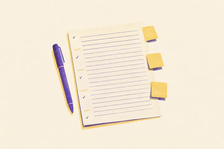 Illustration of a close view of a handwritten page of plain lines with small tick marks and short wavy underlines in the margin, a violet pen lying beside it