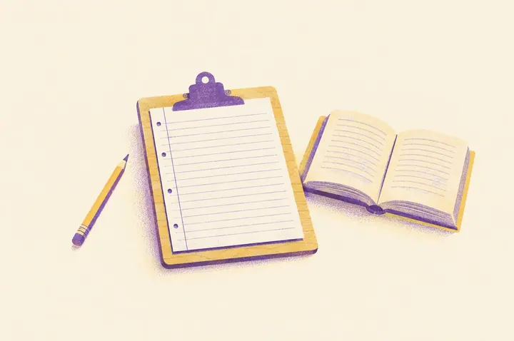 Illustration of a single handwritten essay on lined paper held on a wooden clipboard, with a pencil and a small open paperback book beside it on a desk