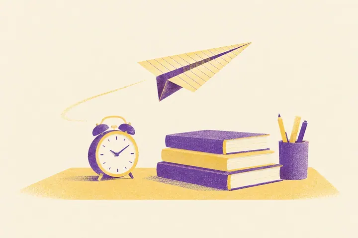 Illustration of a paper aeroplane folded from a lined page gliding above a desk past a small round alarm clock and a stack of books