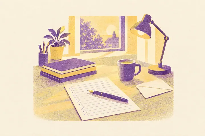 Illustration of a tidy student’s desk by a window in late afternoon light: a handwritten essay page of plain lines with small neat tick marks in the margin