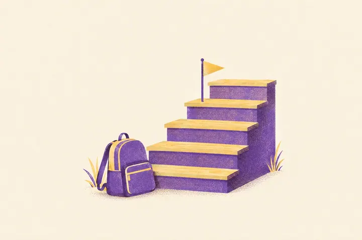 Illustration of a short flight of five wide wooden stairs climbing to the right, with a small pennant flag planted on the fourth step