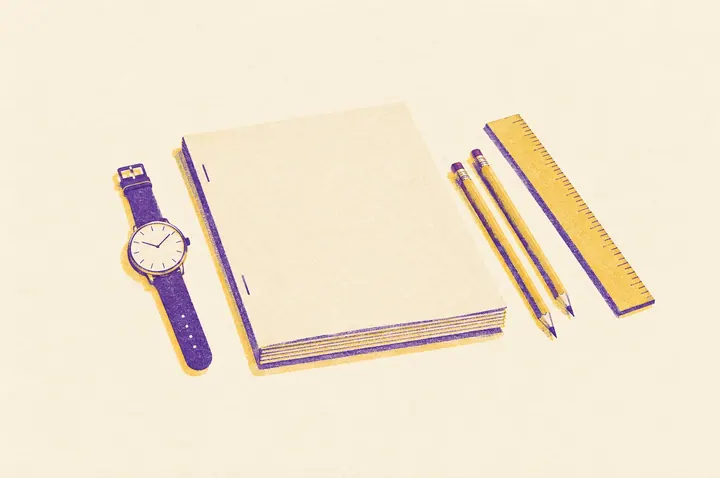 Illustration of a thick stapled exam answer booklet with a plain blank cover lying on a school desk beside a wristwatch, a ruler and two sharpened pencils