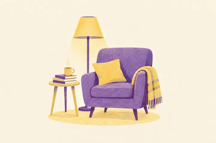 Illustration of a cosy reading corner: a soft armchair with a cushion, a small side table with a mug of tea and a short stack of books, a tall floor lamp glowing