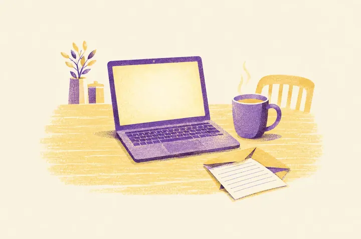 Illustration of an open laptop on a kitchen table with a softly glowing blank screen, beside a mug of tea