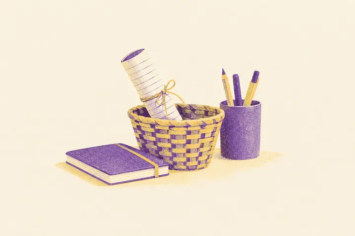 Illustration of a small woven basket on a desk holding a rolled-up lined page tied with string, beside a closed notebook and a pencil pot