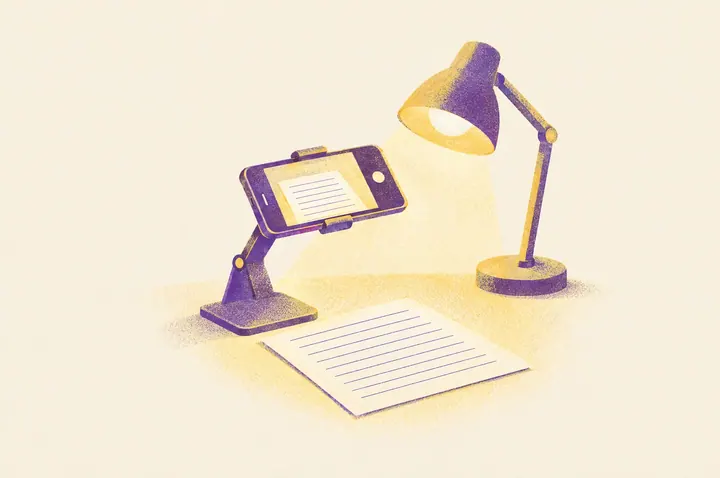 Illustration of a smartphone on a small desk stand angled down over a handwritten page of plain lines, ready to photograph it, under the warm light of a desk lamp