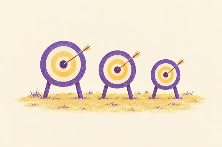 Illustration of three round archery targets of different sizes standing in a row on a lawn, each with a single arrow in its centre