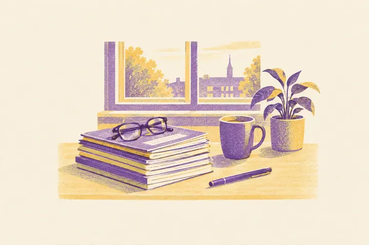 Illustration of a teacher’s desk after school: a neat pile of marked exercise books, a violet pen, folded reading glasses on top of the pile, a mug