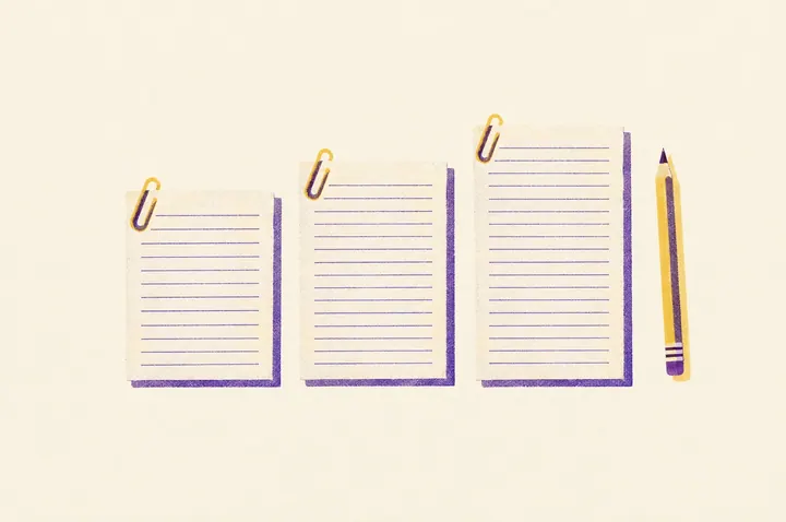 Illustration of three handwritten essays on lined paper laid out in a neat row, each one a little longer than the last, with a large paper clip