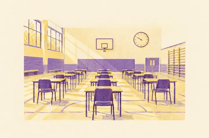 Illustration of a school sports hall set up for exams, with rows of single desks, a large clock on the wall and sunlight through high windows