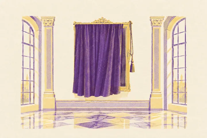 Illustration of a curtain drawn across a framed portrait in a grand palace gallery with a marble floor and tall windows
