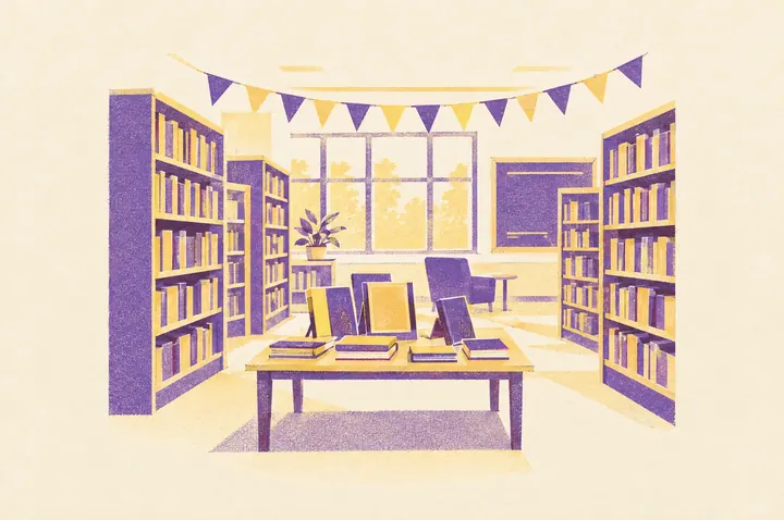Illustration of a school library with tall shelves, a string of blank bunting flags across the ceiling and a table of books on display