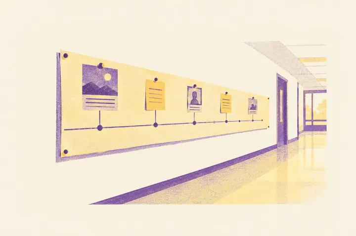 Illustration of a long paper timeline stretched along a corridor wall with a few markers pinned to it, receding into the distance