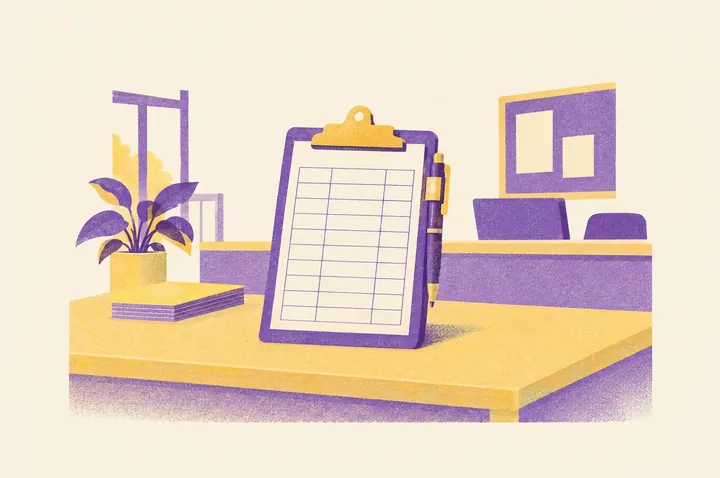Illustration of a clipboard holding a blank report card with a grid of empty boxes and a pen clipped to it, on a school reception desk