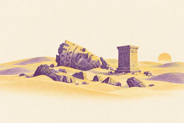 Illustration of the broken pieces of a huge stone statue of a king half buried in desert dunes beside an empty pedestal
