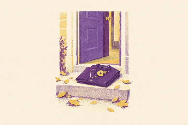 Illustration of a folded school blazer with a paper poppy on a front doorstep, the door left ajar and autumn leaves around it