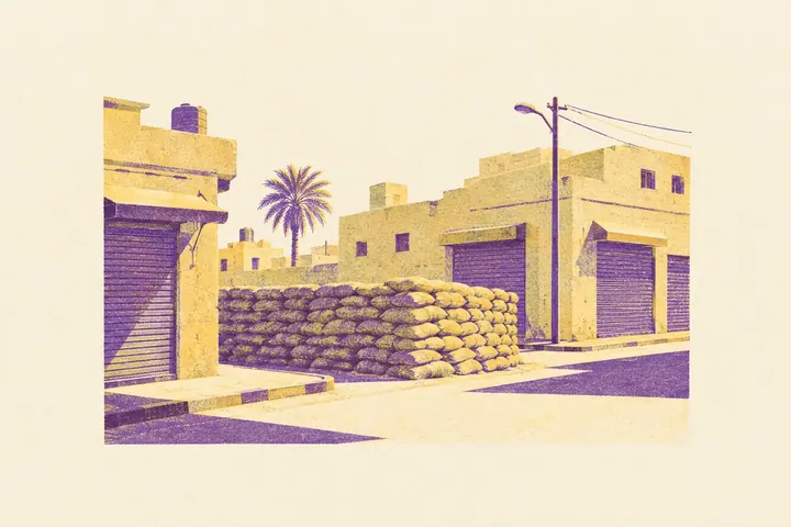 Illustration of a hot, empty desert town street corner with a wall of sandbags and shuttered shops