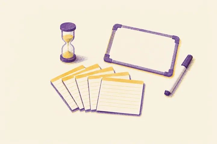 Illustration of five index cards fanned out on a desk beside a small sand timer and a mini whiteboard with a dry-wipe pen, seen from above