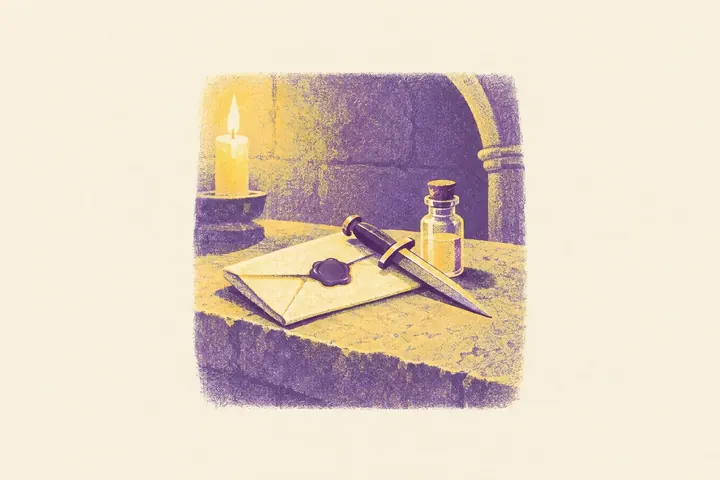 Illustration of a small dagger and a glass vial lying on a sealed letter on a stone ledge in a candlelit tomb